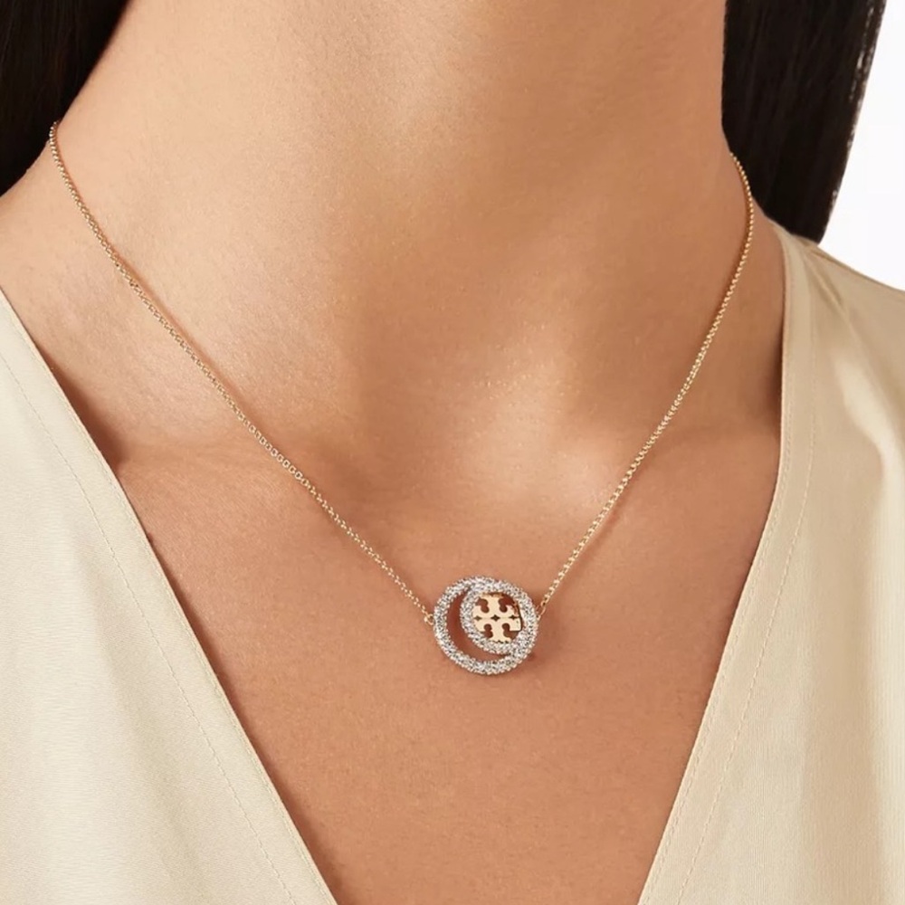 Tory Burch • Miller T Pave Crystal gold double link circle necklace NWT $378